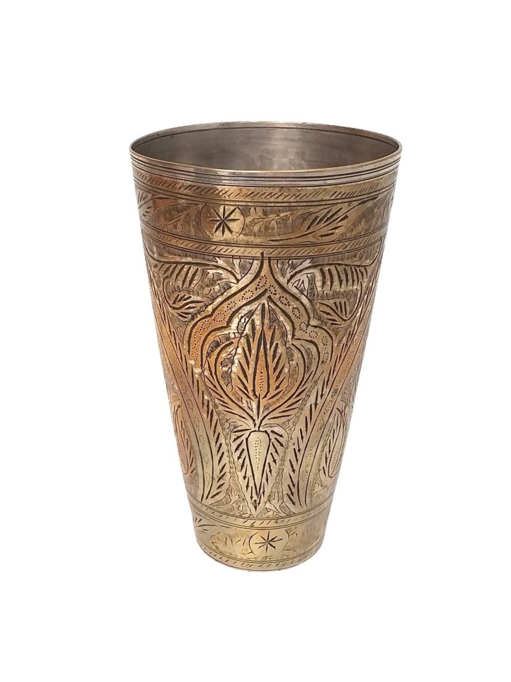 Vintage Engraved Indian Lassi Cup Brass Rajasthani Metalware Boho 6.5" tall